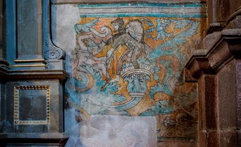 Detalle del muro del evangelio, iglesia de Ixmiquilpan, Hidalgo, México.