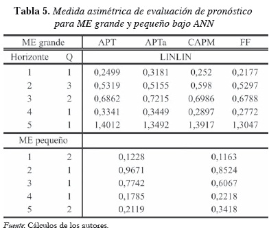 Tabla 5. Medida asimétrica de evaluación de pronóstico
para ME grande y pequeño bajo ANN