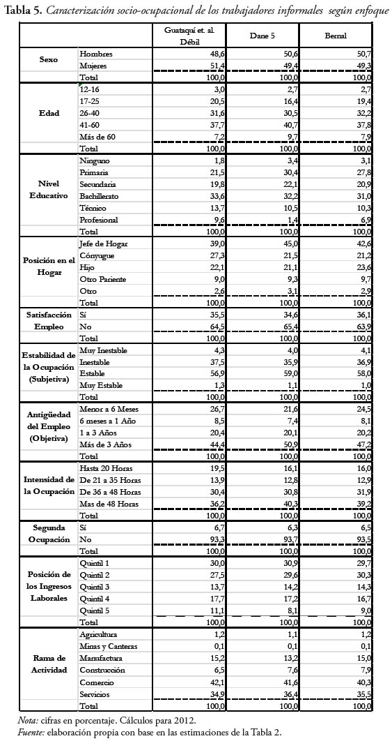 Tabla 5. Caracterización socio-ocupacional de los trabajadores informales según enfoque