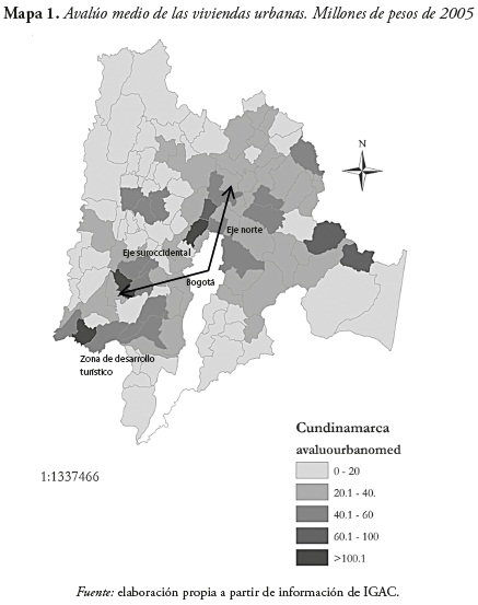 Mapa 1. Avalúo medio de las vivien das urbanas. Millones de pesos de 2005