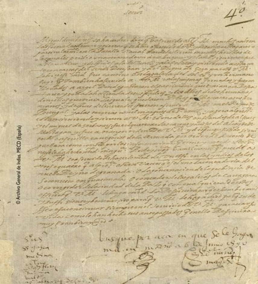 Memorial de Miguel de Cervantes solicitando destino en Las Indias en 1590, con la contestación oficial al pie: «busque por acá en qué se le haga merced. En Madrid a 6 de junio de 1590»
